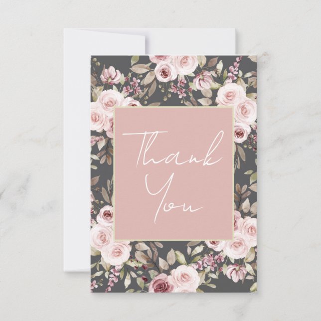 Pink roses on umber thank you note cards (Front)