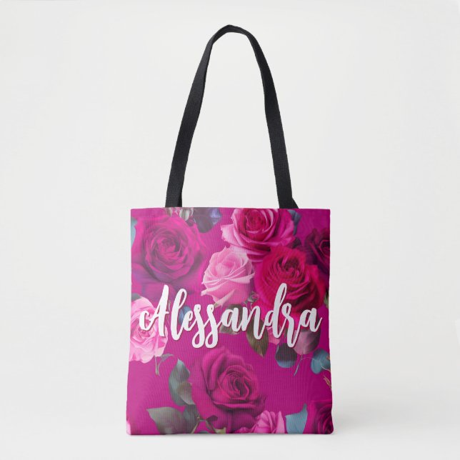 Pink Roses on Viva Magenta | Romantic Tote Bag (Front)