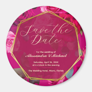 Pink Roses on Viva Magenta   Wedding Save The Date Magnet