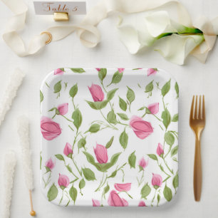 Pink Roses On White Paper Plate