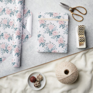 Pink Roses on White Wrapping Paper