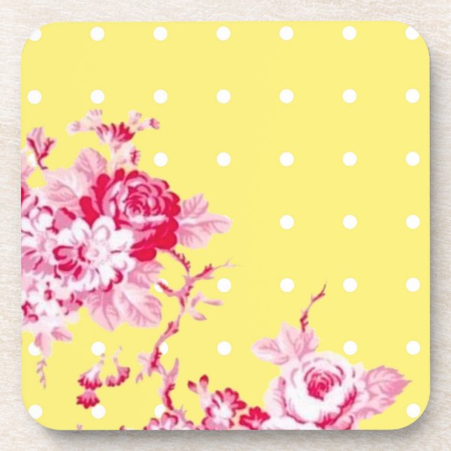 Pink Roses On Yellow Cork Coaster (Front)