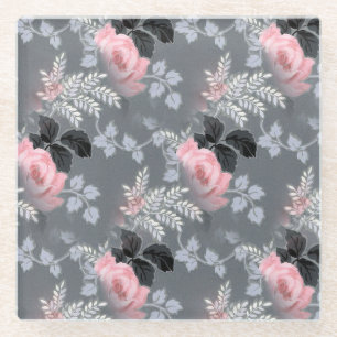 Pink Roses Over Grey Background Glass Coaster