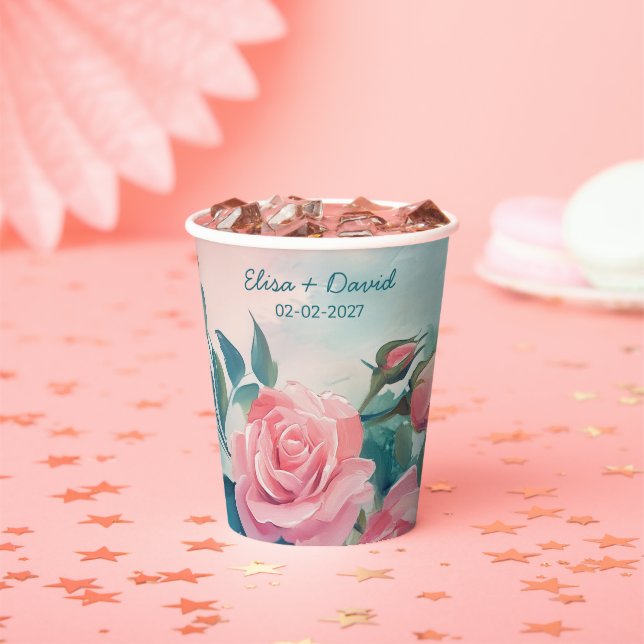 Pink Roses Painting Bridal Shower CUSTOM  Paper Cups (Insitu)