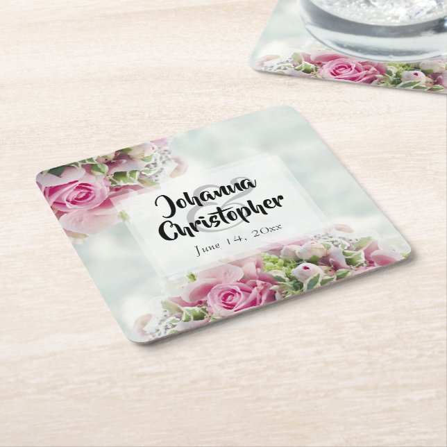 Pink Roses Paper Wedding Coaster (Angled)