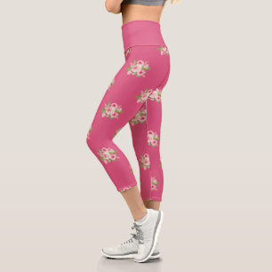 Pink Roses Pattern Capri Leggings