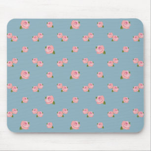Pink Roses Pattern on Blue Mouse Pad