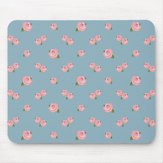 Pink Roses Pattern on Blue Mouse Pad (Front)