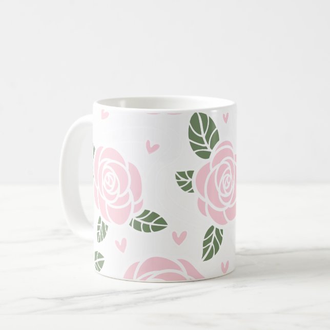 Pink Roses Pattern with Green Leaves and Hearts Coffee Mug (Front Left)
