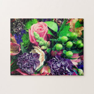 Pink Roses & Peach Carnations Bouquet Jigsaw Puzzle