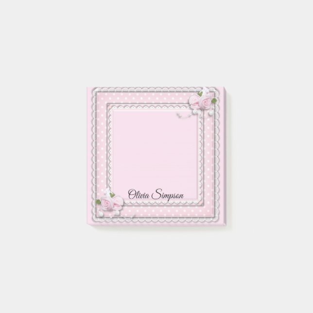Pink Roses, Pearls And Lace Post-It Notes (Front)