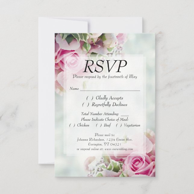 Pink Roses & Peony Buds Elegant Floral Wedding RSVP Card (Front)