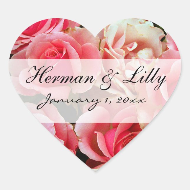 Pink Roses Personalised Wedding Heart Sticker (Front)