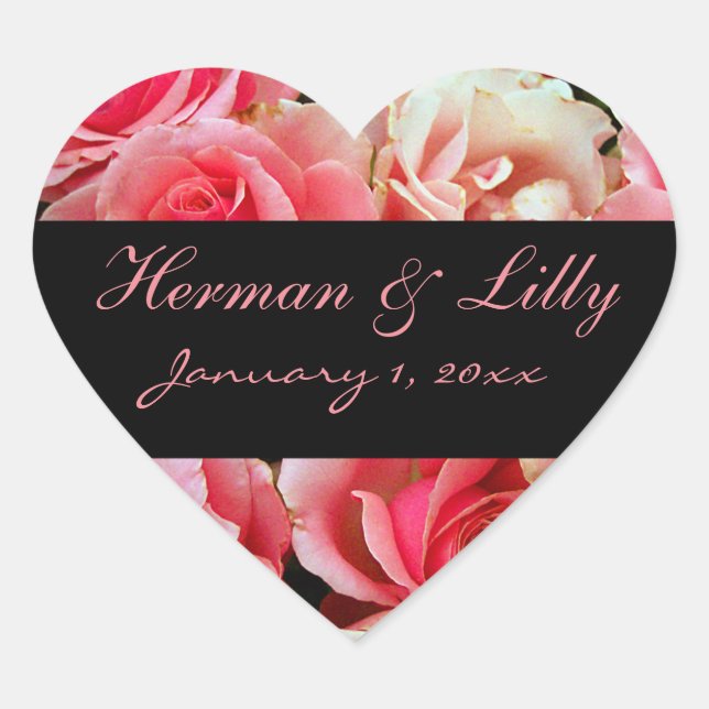 Pink Roses Personalised Wedding Heart Sticker (Front)