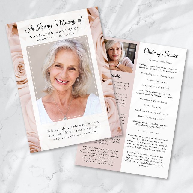 Pink Roses Photo Memorial Service Program Invitation (Creator Uploaded)