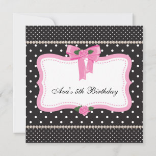 Pink Roses Pink Black Girls 5th Birthday Party Invitation