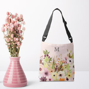 Pink Roses Poppies Monogram Crossbody Bag