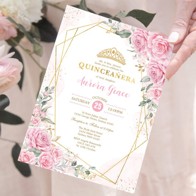 Pink Roses Princess Quinceañera Gold Geometric Invitation (Creator Uploaded)