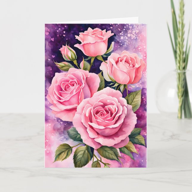 Pink Roses Purple Background Birthday Card (Front)