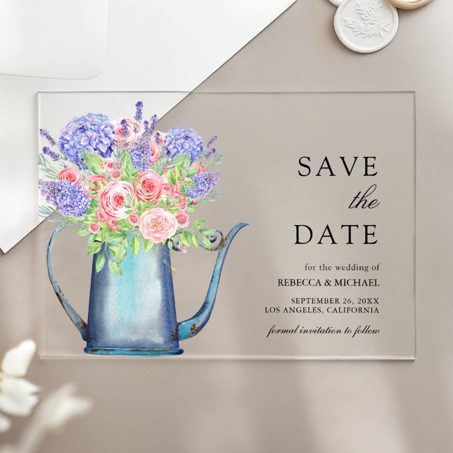 Pink Roses Purple Hydrangea Wedding Save the Date Acrylic Invitations (Creator Uploaded)