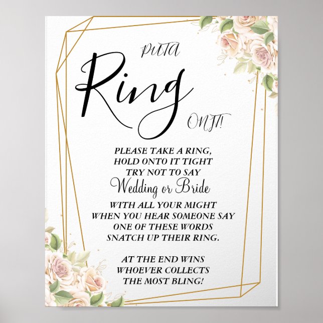 Pink Roses Put a Ring bridal shower game sign (Front)