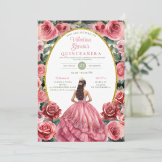 Pink Roses Quinceañera 15 Anos Flowers Gold Invitation