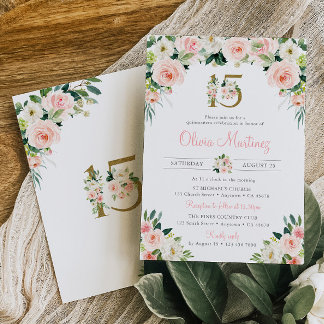 Pink Roses Quinceañera Birthday Invitation Blush