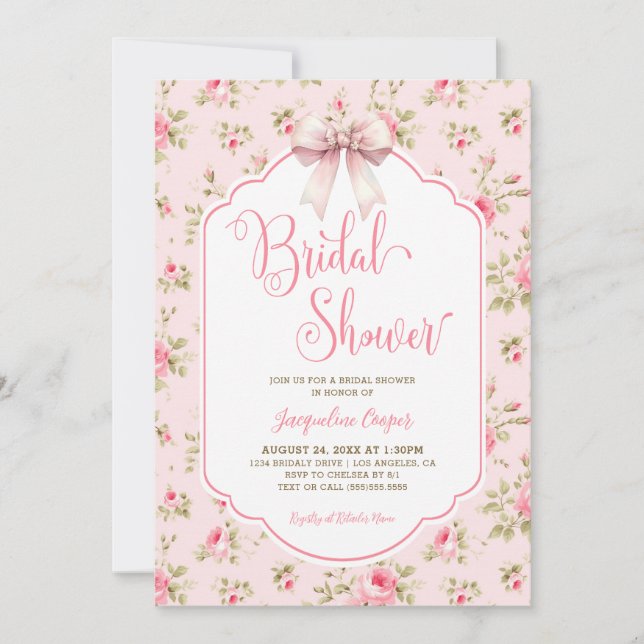 Pink Roses Ribbon Bow Bridal Shower Invitation (Front)