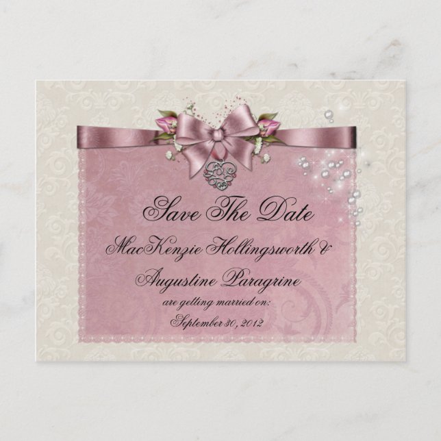 Pink Roses Ribbons Locket Glitter Save The Date Announcement Postcard (Front)