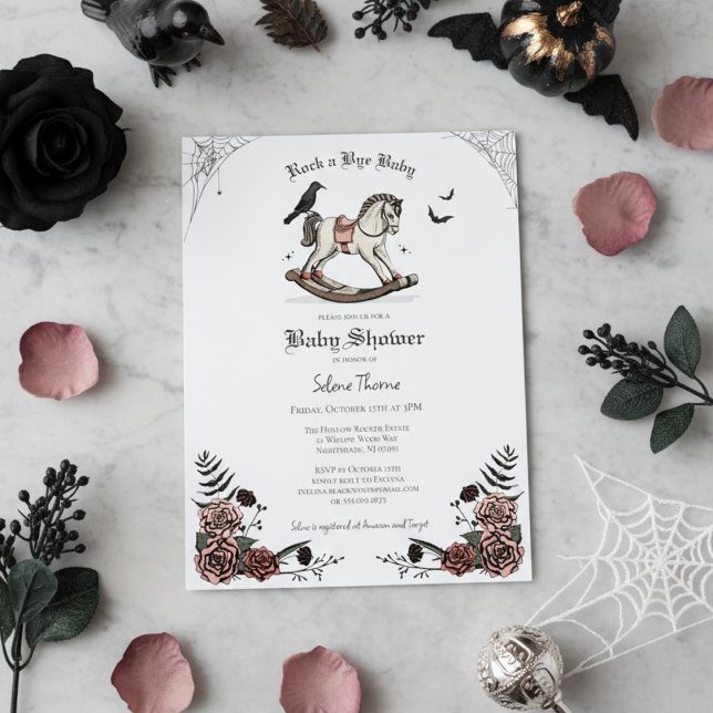 Pink Roses Rocking Horse Gothic Baby Shower Invitation (Gothic Baby Shower Invitations. Elegant Pink Floral Spooky Rocking Horse Illustration for Halloween )
