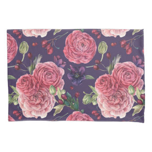 Pink Roses Romantic On Purple Pattern Pillowcase