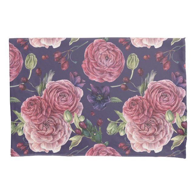 Pink Roses Romantic On Purple Pattern Pillowcase (Front)