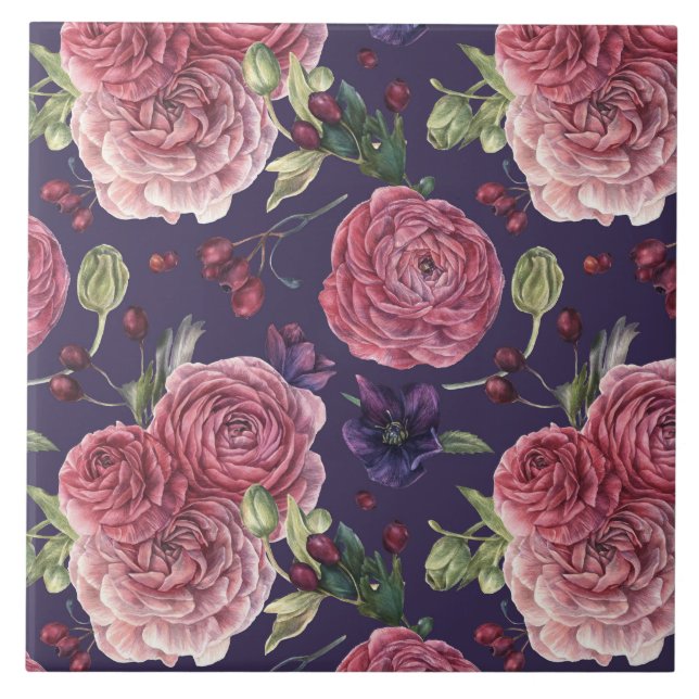 Pink Roses Romantic On Purple Pattern Tile (Front)