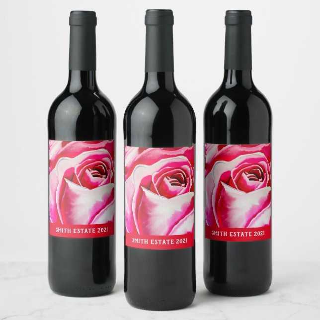 Pink roses romantic watercolor art wine label (Bottles)