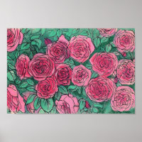 Pink Roses, Rose Flowers Garden Floral Art Sketch