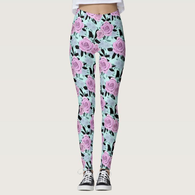  pink roses, roses , turquoise background   leggings (Front)