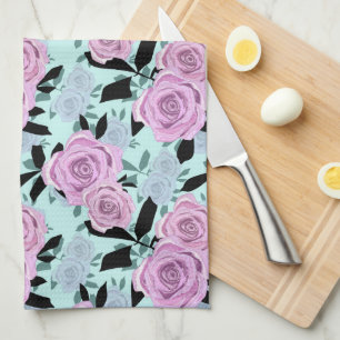  pink roses, roses , turquoise background   tea towel