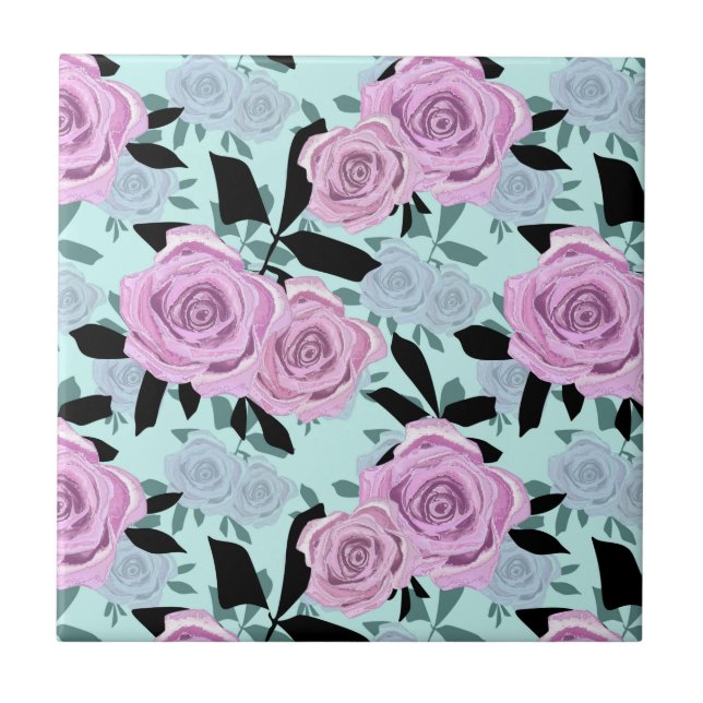  pink roses, roses , turquoise background   tile (Front)