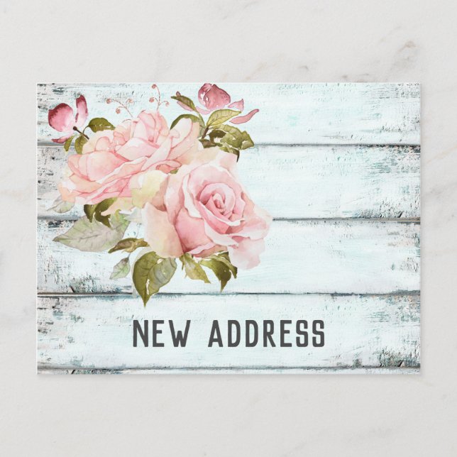 Pink Roses Rustic Aqua Fence New Address Announcement Postcard (Front)