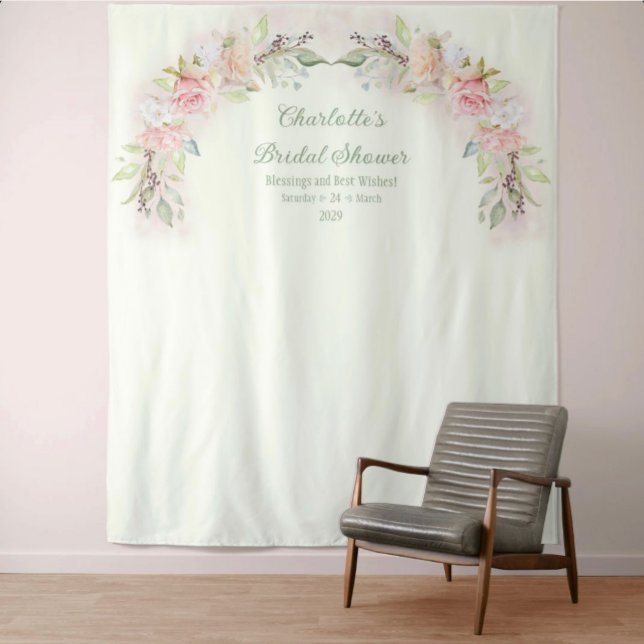 Pink Roses Sage Green Bridal Shower Photo Backdrop Tapestry (Pink Watercolor Roses Sage Green Bridal Shower Photo Backdrop)