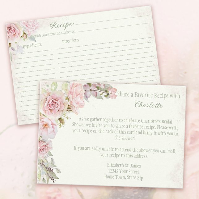 Pink Roses Sage Green Bridal Shower Recipe Enclosure Card (Pink Roses Bridal Shower Recipe Cards Jade Green. 
Invite the Guests to share a favorite recipe.)