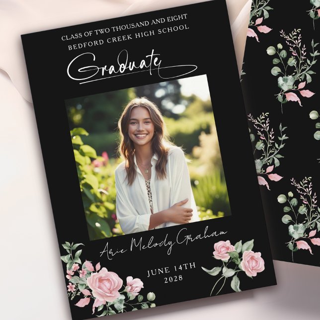 Pink Roses Script Photo Graduation Announcement (Creator Uploaded)
