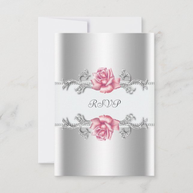 Pink Roses Silver 25th Wedding Anniversary RSVP (Front)
