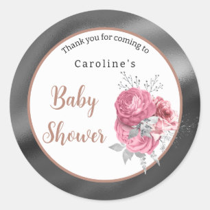 Pink Roses Silver Foil Baby Shower Thank You Classic Round Sticker