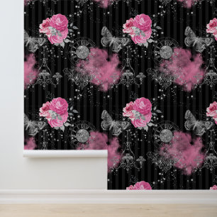 Pink Roses Silver Glitter Butterfly Black Stripes Wallpaper