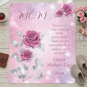 Pink Roses Silver Leaves Sparkling Mum's Fleece Blanket