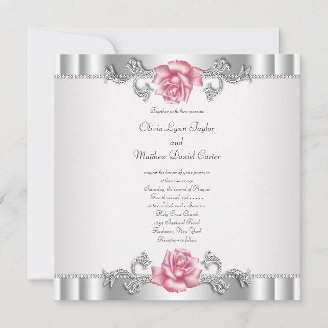 Pink Roses Silver White Pink Elegant Wedding Invitation (Front)
