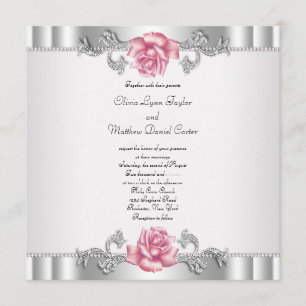 Pink Roses Silver White Pink Elegant Wedding Invitation