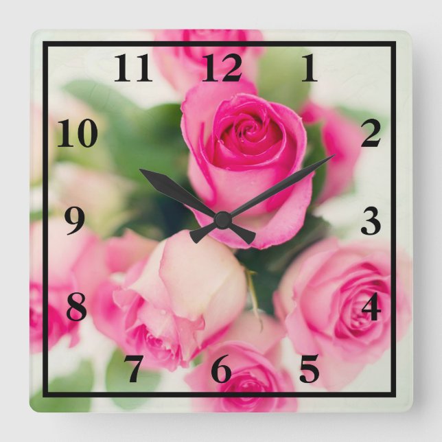 Pink Roses Square Wall Clock (Front)