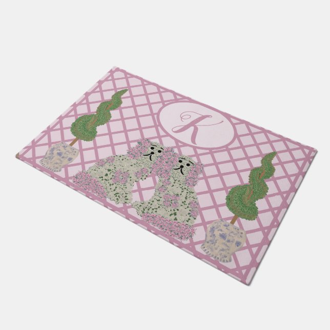 Pink Roses Staffordshire Dogs Topiary  Doormat (Angled)